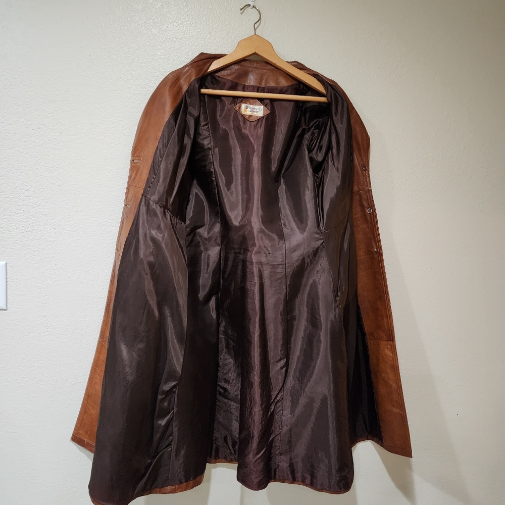 Vintage Leather Trench Coat Full Length 70s Genuine Cognac Leather size Medium - Picture 16 of 16